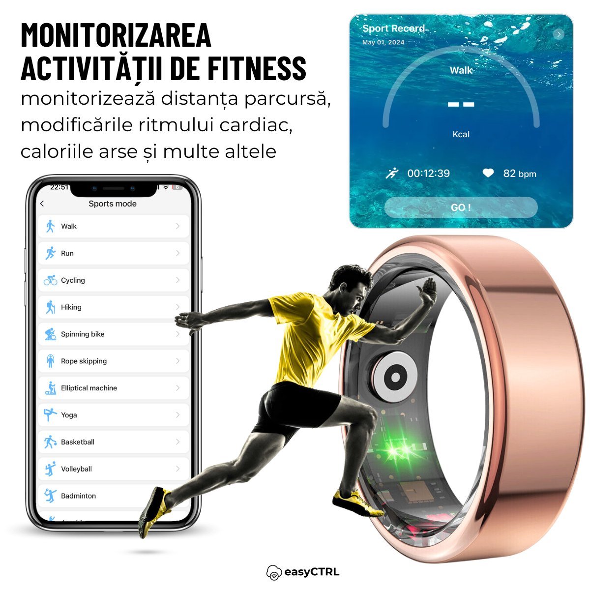 Inel Inteligent, Bluetooth, Monitorizeaza Somnul, Stresul, Calorii, Rezistent la apa si praf IP68, Marime 10, Diametru 19.8mm, Rose Goldsmarrt.roInel inteligenteasyCTRL