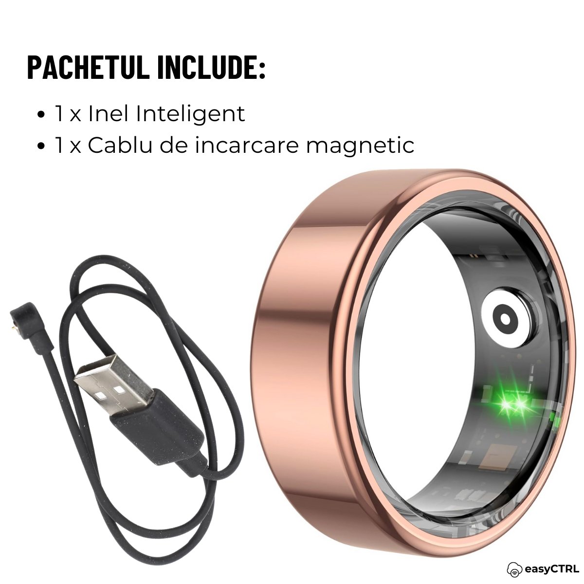 Inel Inteligent, Bluetooth, Monitorizeaza Somnul, Stresul, Calorii, Rezistent la apa si praf IP68, Marime 10, Diametru 19.8mm, Rose Goldsmarrt.roInel inteligenteasyCTRL