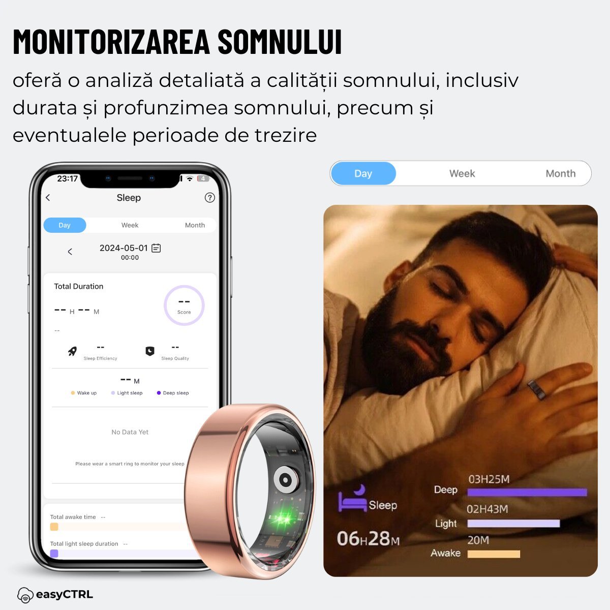 Inel Inteligent, Bluetooth, Monitorizeaza Somnul, Stresul, Calorii, Rezistent la apa si praf IP68, Marime 10, Diametru 19.8mm, Rose Goldsmarrt.roInel inteligenteasyCTRL