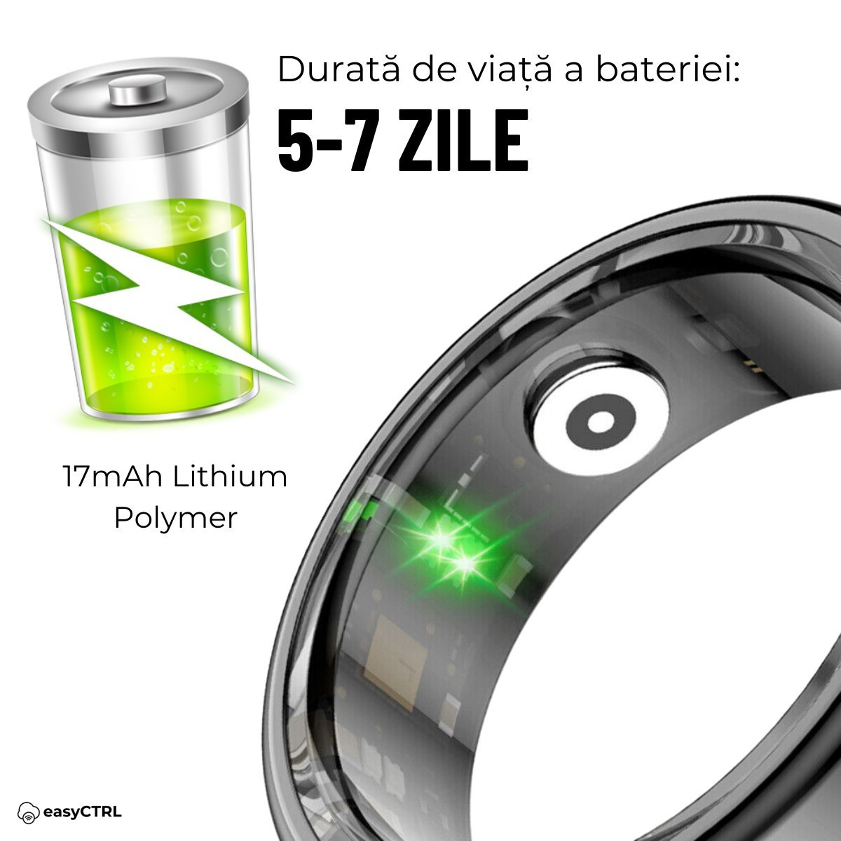 Inel Inteligent, Bluetooth, Monitorizeaza Somnul, Stresul, Calorii, Rezistent la apa si praf IP68, Marime 11, Diametru 20.6mm, Dark Greysmarrt.roInel inteligenteasyCTRL