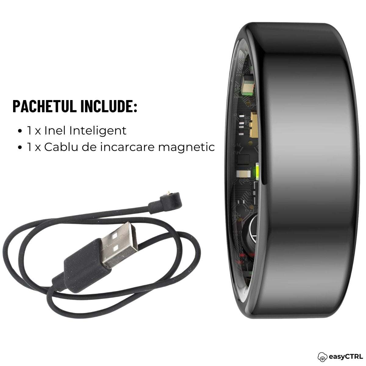 Inel Inteligent, Bluetooth, Monitorizeaza Somnul, Stresul, Calorii, Rezistent la apa si praf IP68, Marime 11, Diametru 20.6mm, Dark Greysmarrt.roInel inteligenteasyCTRL