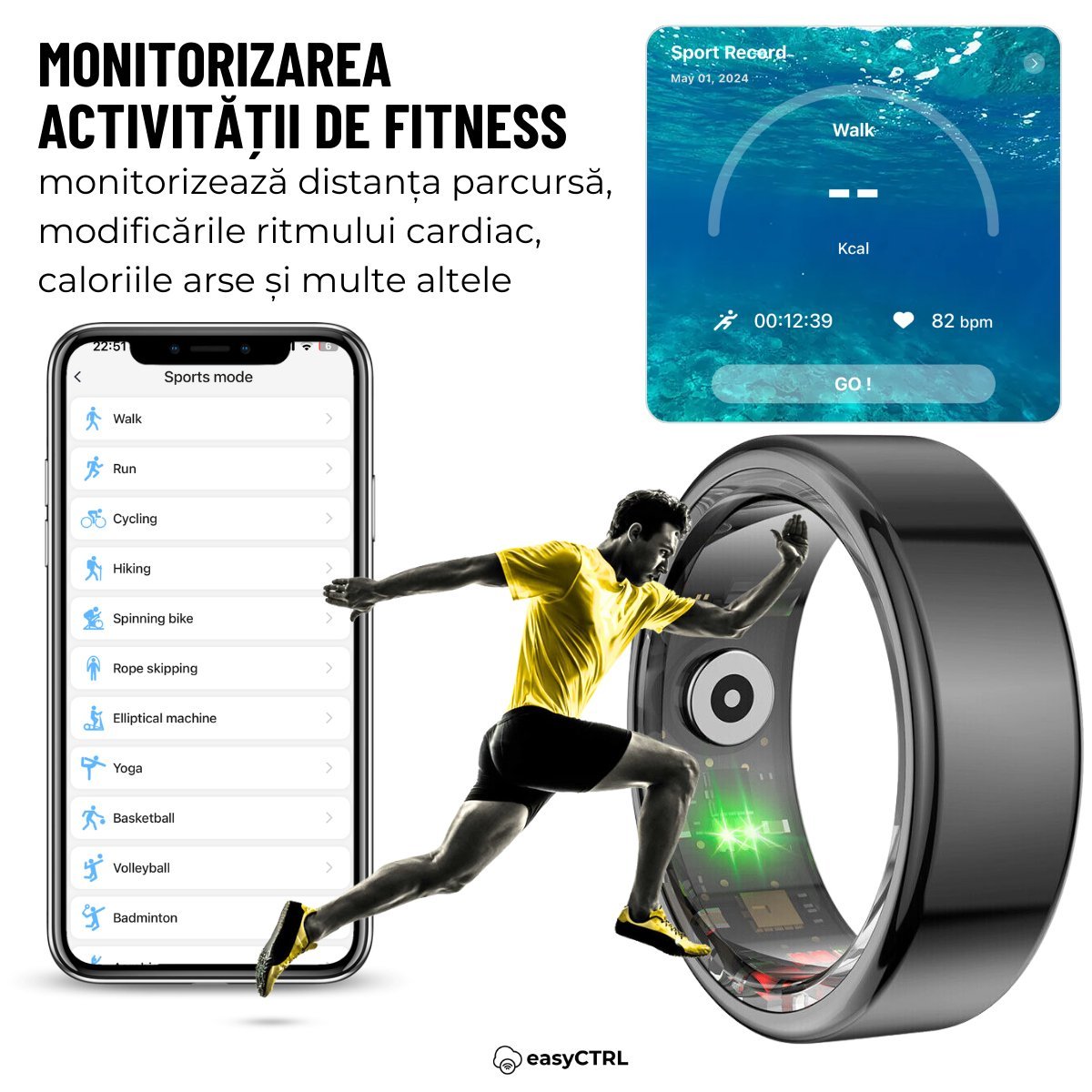 Inel Inteligent, Bluetooth, Monitorizeaza Somnul, Stresul, Calorii, Rezistent la apa si praf IP68, Marime 11, Diametru 20.6mm, Dark Greysmarrt.roInel inteligenteasyCTRL