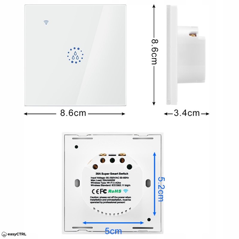 Intrerupator Inteligent 20A pentru Boiler si Consumatori de Mare Putere Wi-Fi, Smart Life / Tuya APP, Alb, easyCTRL