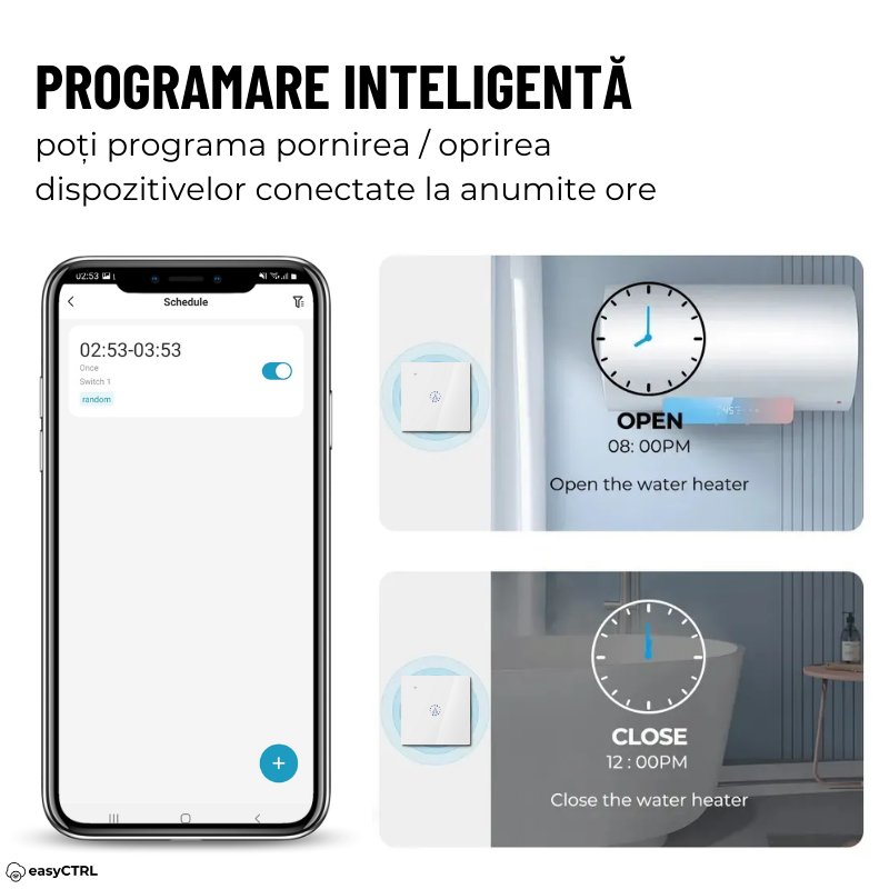 Intrerupator Inteligent 20A pentru Boiler si Consumatori de Mare Putere Wi-Fi, Smart Life / Tuya APP, Alb, easyCTRL