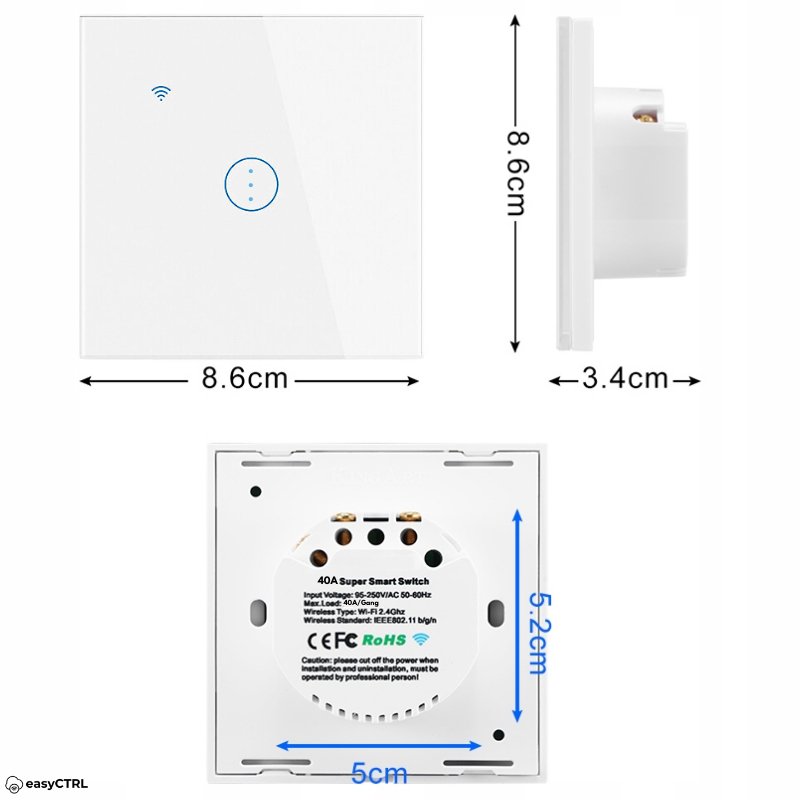 Intrerupator Inteligent 40A pentru Boiler si Consumatori de Mare Putere, Wi-Fi, Smart Life / Tuya APP, Control Touch Alb