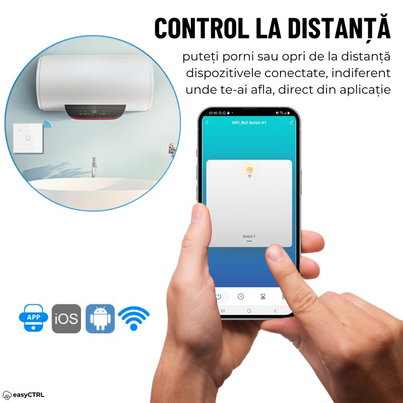 Intrerupator Inteligent 40A pentru Boiler si Consumatori de Mare Putere, Wi-Fi, Smart Life / Tuya APP, Control Touch Alb