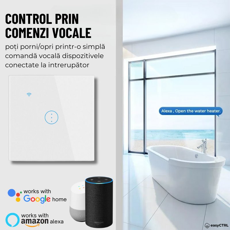 Intrerupator Inteligent 40A pentru Boiler si Consumatori de Mare Putere, Wi-Fi, Smart Life / Tuya APP, Control Touch Alb