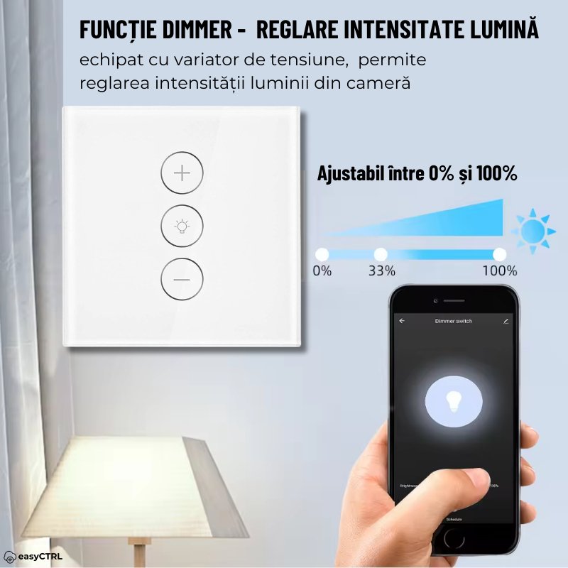 Intrerupator Inteligent cu Touch si Dimmer , Wi-Fi, Cu NUL, Smart Life / Tuya APP, Control vocal, Alb, easyCTRL