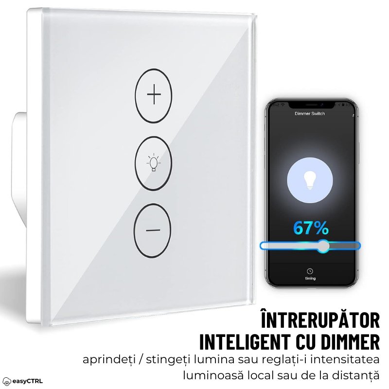 Intrerupator Inteligent cu Touch si Dimmer , Wi-Fi, Cu NUL, Smart Life / Tuya APP, Control vocal, Alb, easyCTRL