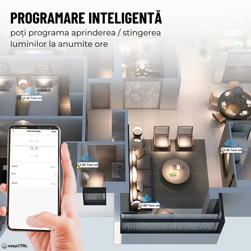 Intrerupator Inteligent cu Touch si Dimmer , Wi-Fi, Cu NUL, Smart Life / Tuya APP, Control vocal, Alb, easyCTRL