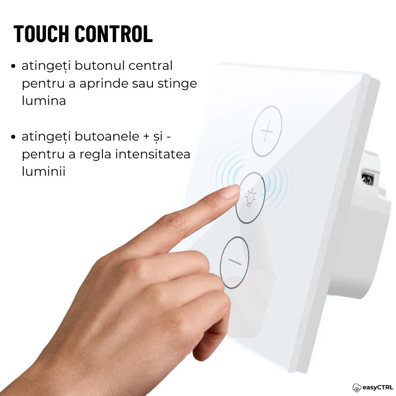 Intrerupator Inteligent cu Touch si Dimmer , Wi-Fi, Cu NUL, Smart Life / Tuya APP, Control vocal, Alb, easyCTRL