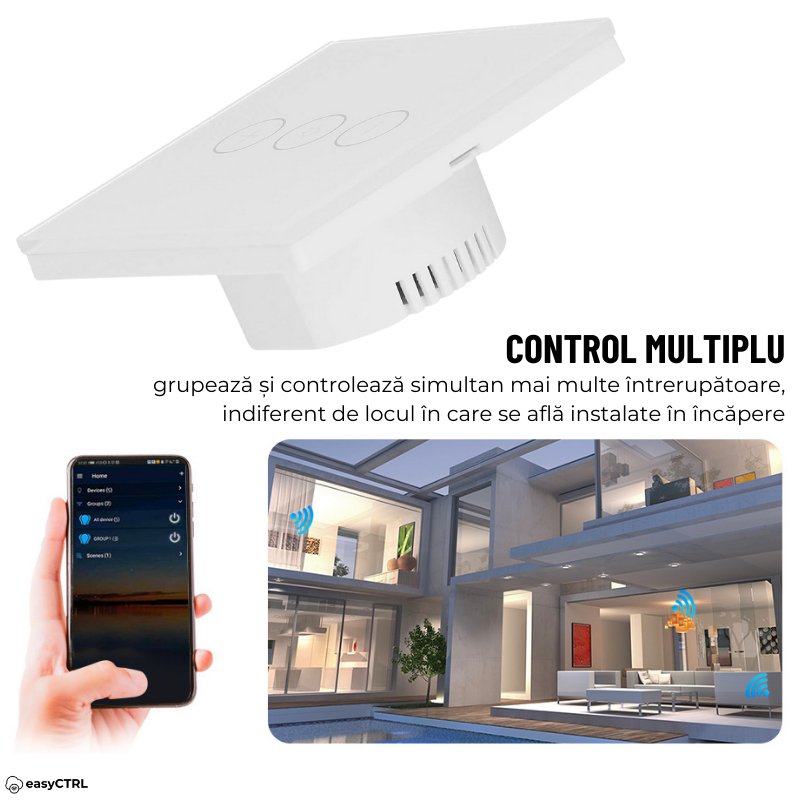 Intrerupator Inteligent cu Touch si Dimmer , Wi-Fi, Cu NUL, Smart Life / Tuya APP, Control vocal, Alb, easyCTRL