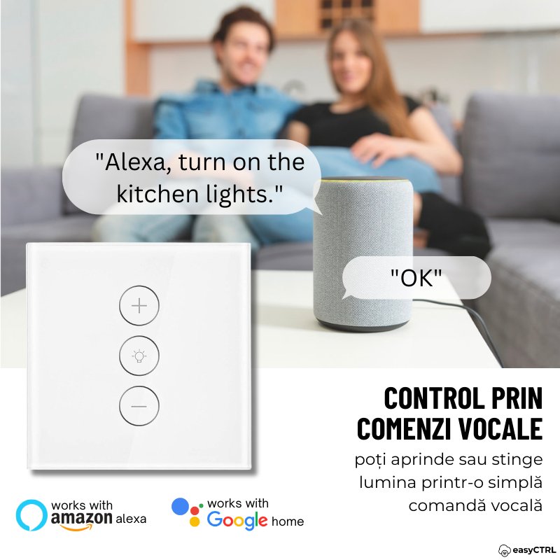 Intrerupator Inteligent cu Touch si Dimmer , Wi-Fi, Cu NUL, Smart Life / Tuya APP, Control vocal, Alb, easyCTRL