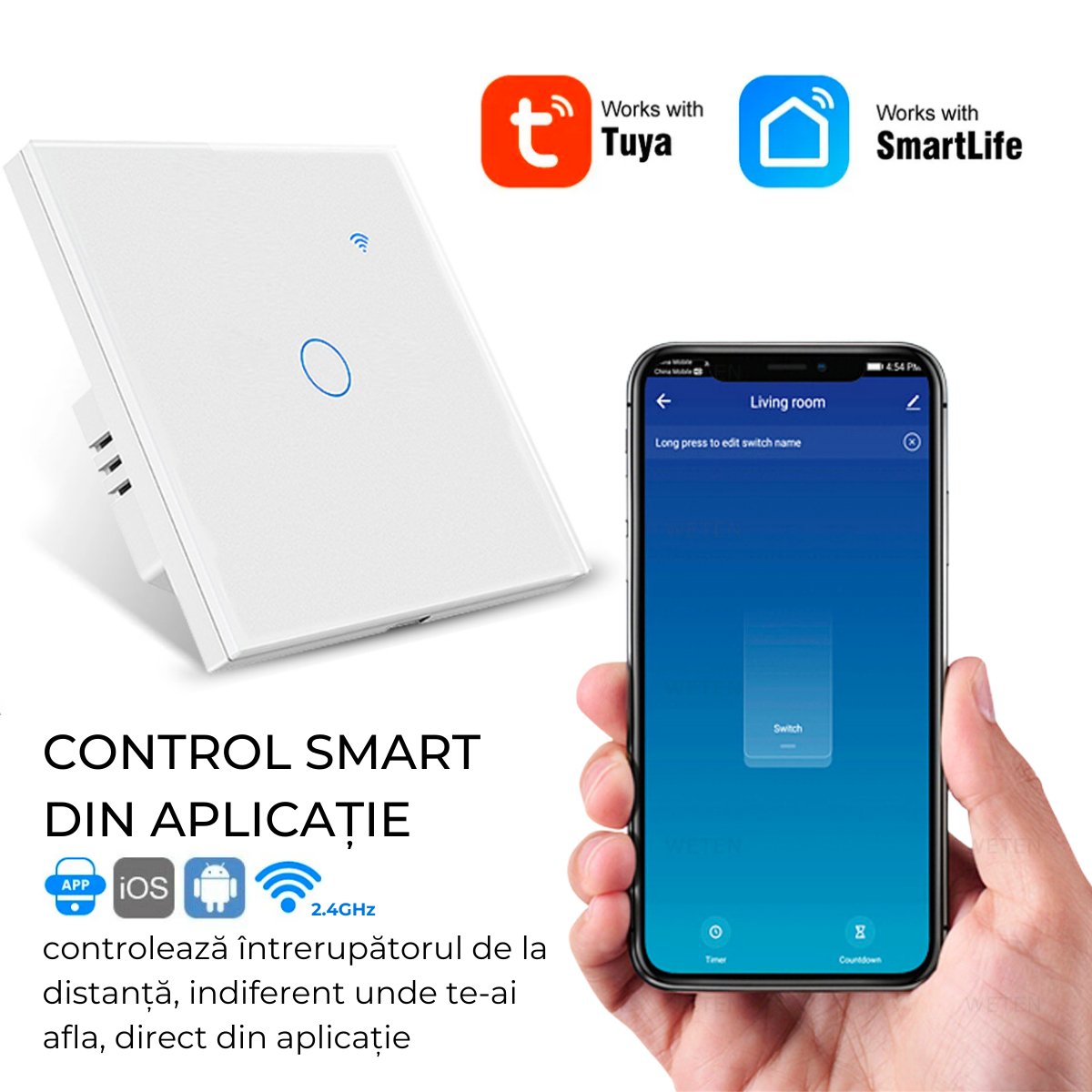 Intrerupator inteligent cu touch, Wi-Fi, Bluetooth, Control vocal, Smart Life / Tuya APP, 1 Canal, easyCTRL