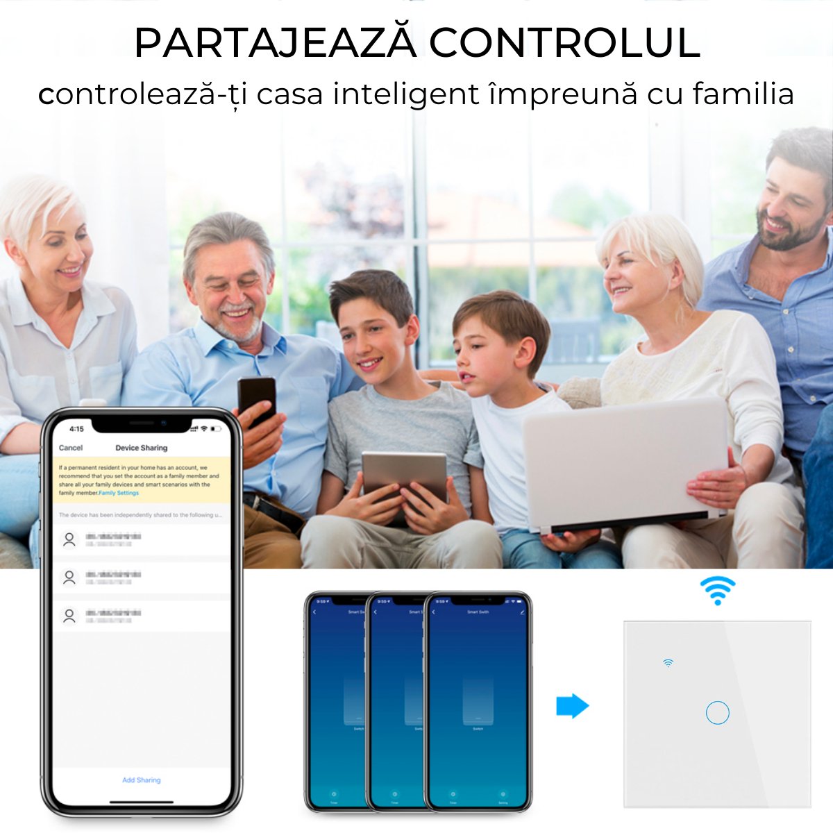 Intrerupator inteligent cu touch, Wi-Fi, Bluetooth, Control vocal, Smart Life / Tuya APP, 1 Canal, easyCTRL