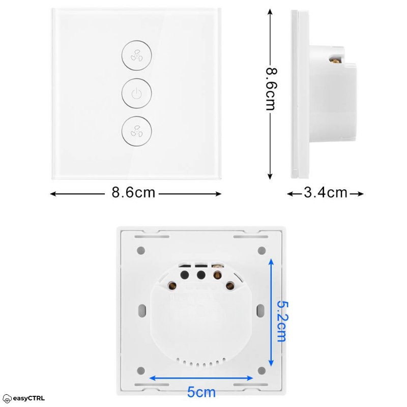 Intrerupator Inteligent pentru Ventilator cu Touch, Wi-Fi, Cu NUL, Smart Life / Tuya APP, Control vocal, Alb, easyCTRL