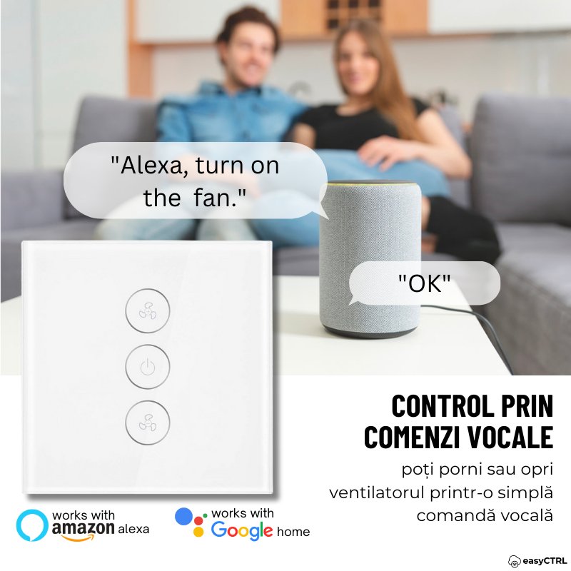 Intrerupator Inteligent pentru Ventilator cu Touch, Wi-Fi, Cu NUL, Smart Life / Tuya APP, Control vocal, Alb, easyCTRL