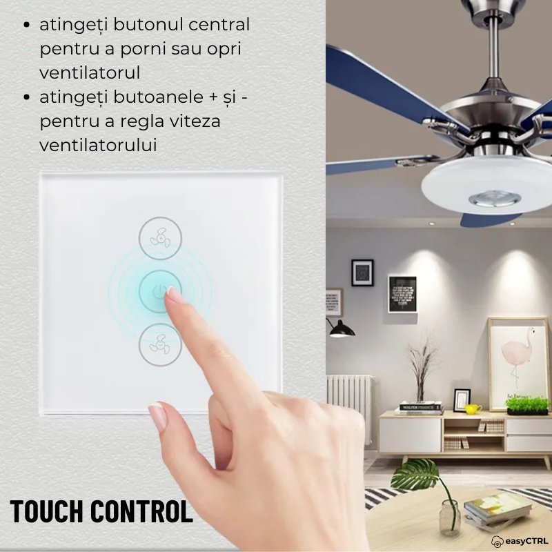 Intrerupator Inteligent pentru Ventilator cu Touch, Wi-Fi, Cu NUL, Smart Life / Tuya APP, Control vocal, Alb, easyCTRL