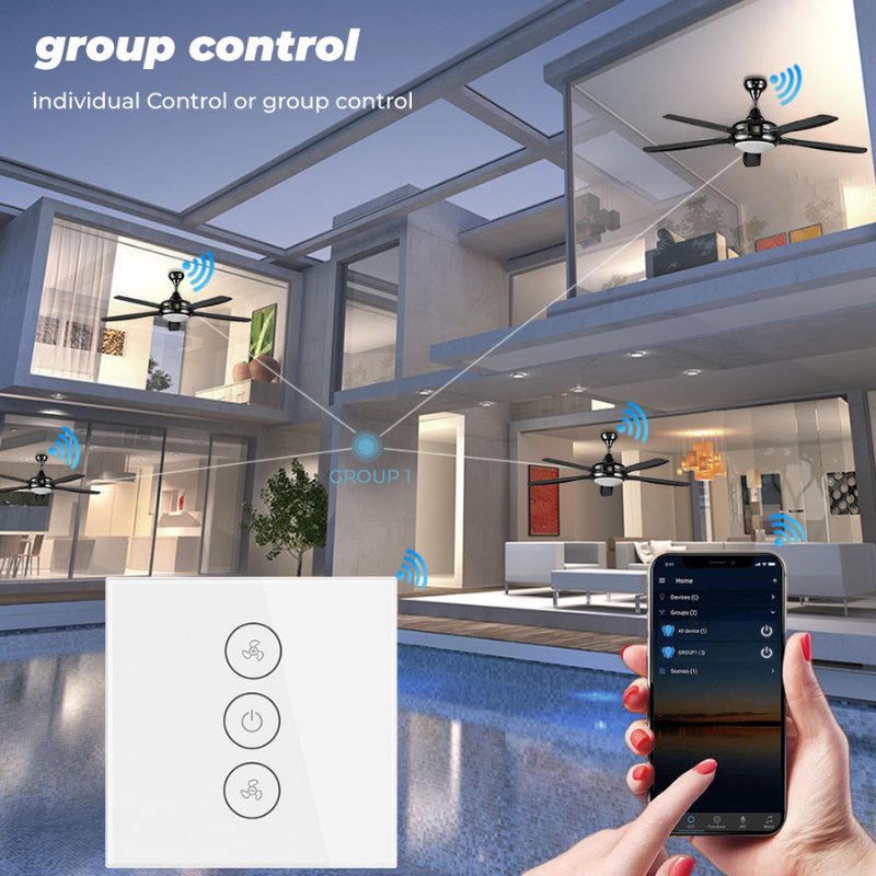 Intrerupator Inteligent pentru Ventilator cu Touch, Wi-Fi, Cu NUL, Smart Life / Tuya APP, Control vocal, Alb, easyCTRL