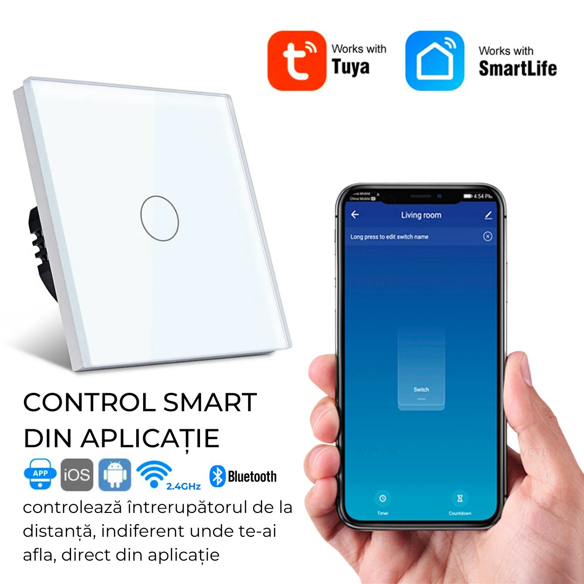 Intrerupator smart cu touch, Wi-Fi, Bluetooth, Control vocal, Smart Life / Tuya APP, 1 Canal, Albsmarrt.rosmarrt.ro