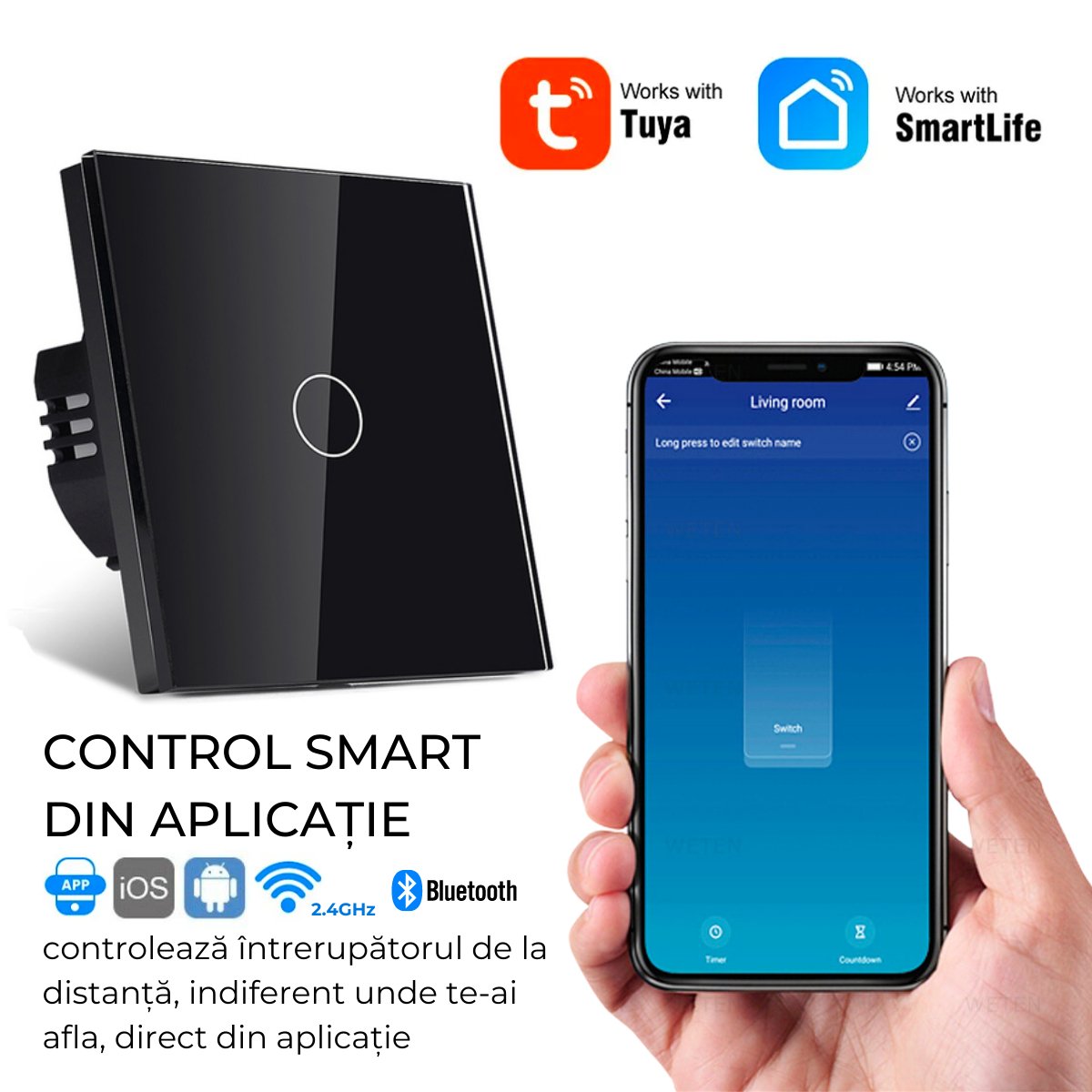 Intrerupator smart cu touch, Wi-Fi, Bluetooth, Control vocal, Smart Life / Tuya APP, 1 Canal, Negrusmarrt.rosmarrt.ro