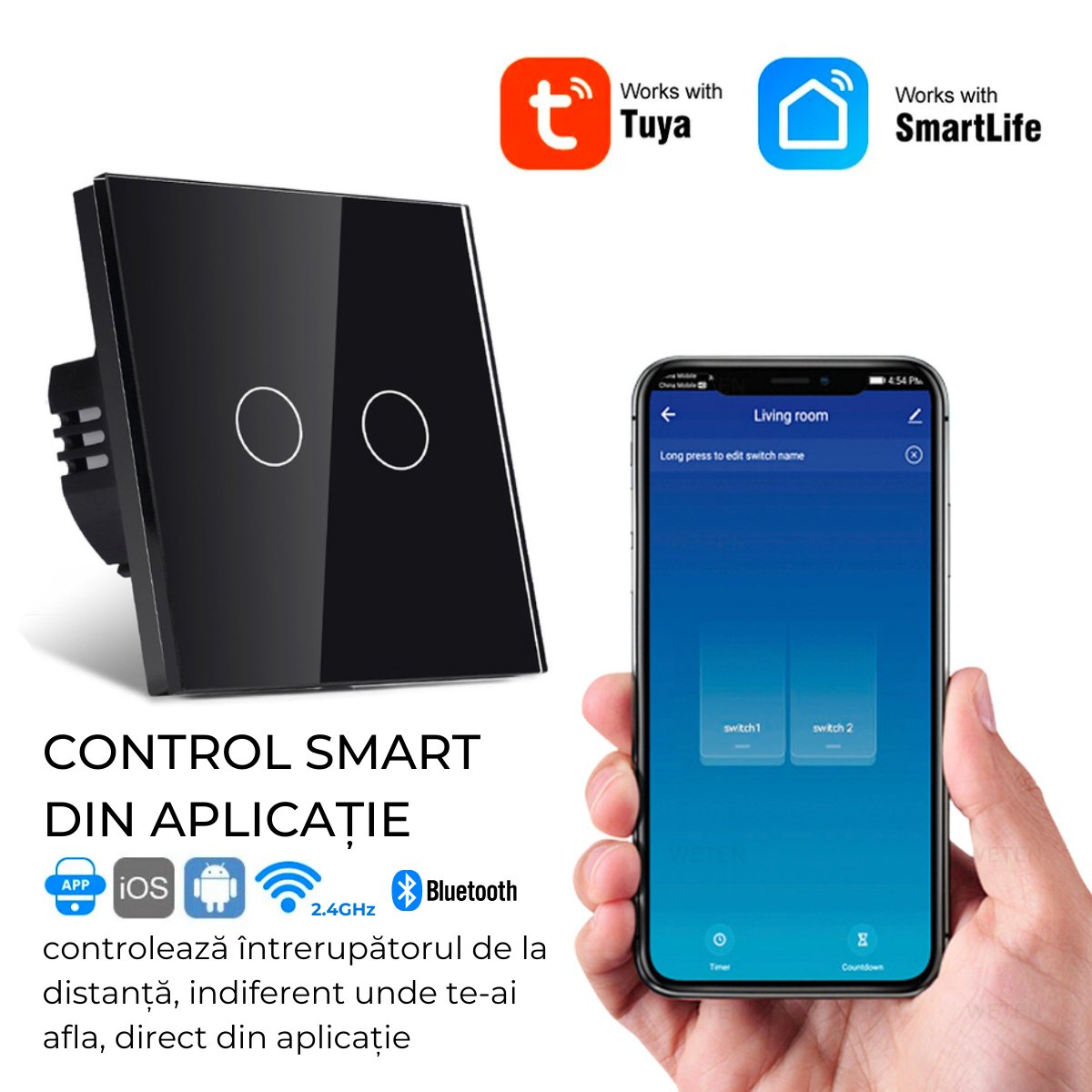 Intrerupator smart cu touch, Wi-Fi, Bluetooth, Control vocal, Smart Life / Tuya APP, 2 Canale, Negrusmarrt.rosmarrt.ro