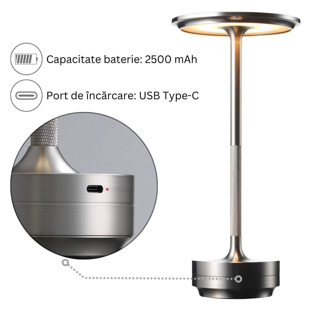 Lampa LED metalica, fara fir, Control Touch, 3 Tipuri de Iluminare, Reincarcabila USB-C, Argintiusmarrt.rosmarrt.ro