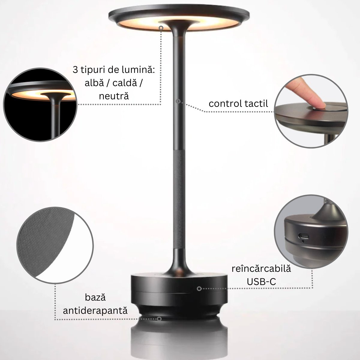 Lampa LED metalica, fara fir, Control Touch, 3 Tipuri de Iluminare, Reincarcabila USB-C, Negrusmarrt.rosmarrt.ro