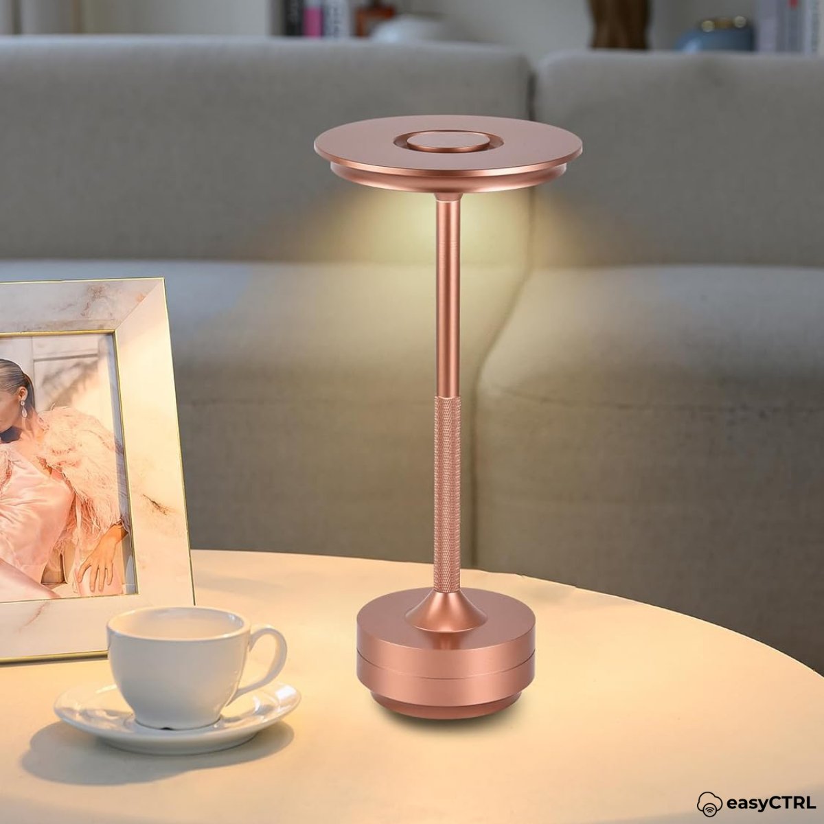 Lampa LED metalica, fara fir, Touch Control, 3 Tipuri de Iluminare, Reincarcabila USB-C, Rose Gold, 28 x 13 cm, easyCTRL