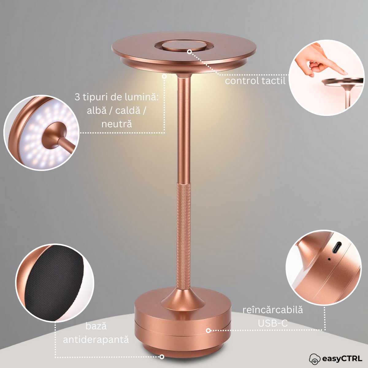 Lampa LED metalica, fara fir, Touch Control, 3 Tipuri de Iluminare, Reincarcabila USB-C, Rose Gold, 28 x 13 cm, easyCTRL