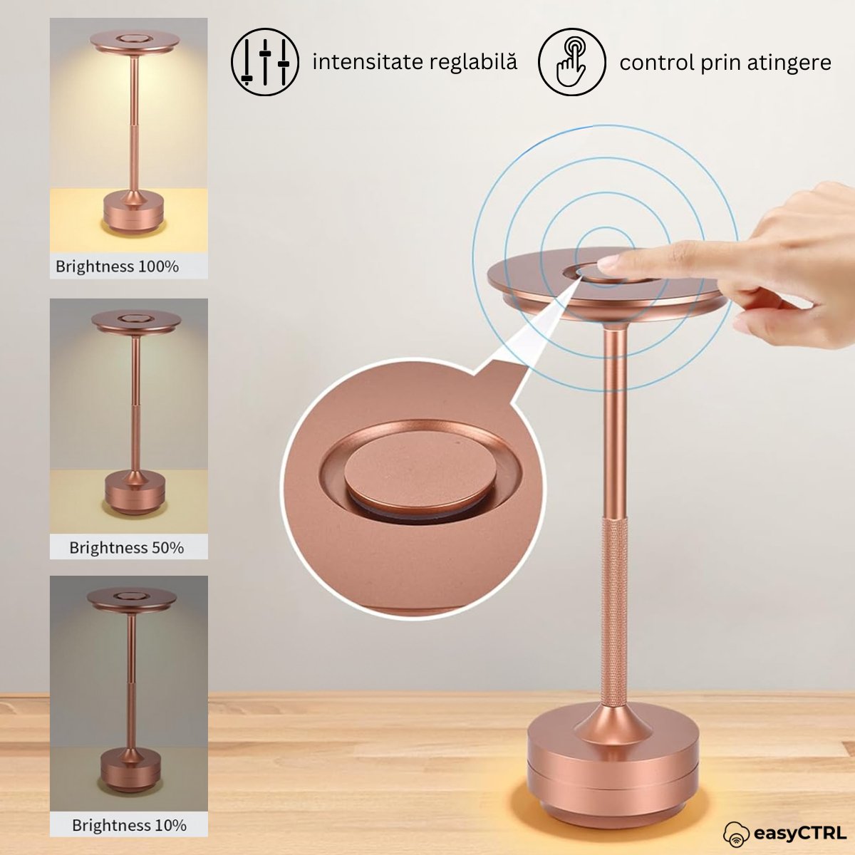 Lampa LED metalica, fara fir, Touch Control, 3 Tipuri de Iluminare, Reincarcabila USB-C, Rose Gold, 28 x 13 cm, easyCTRL