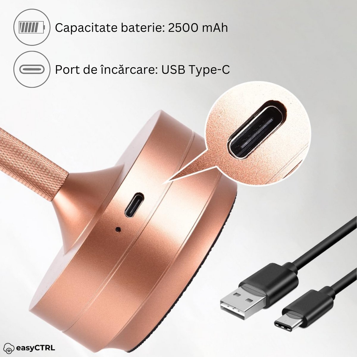 Lampa LED metalica, fara fir, Touch Control, 3 Tipuri de Iluminare, Reincarcabila USB-C, Rose Gold, 28 x 13 cm, easyCTRL