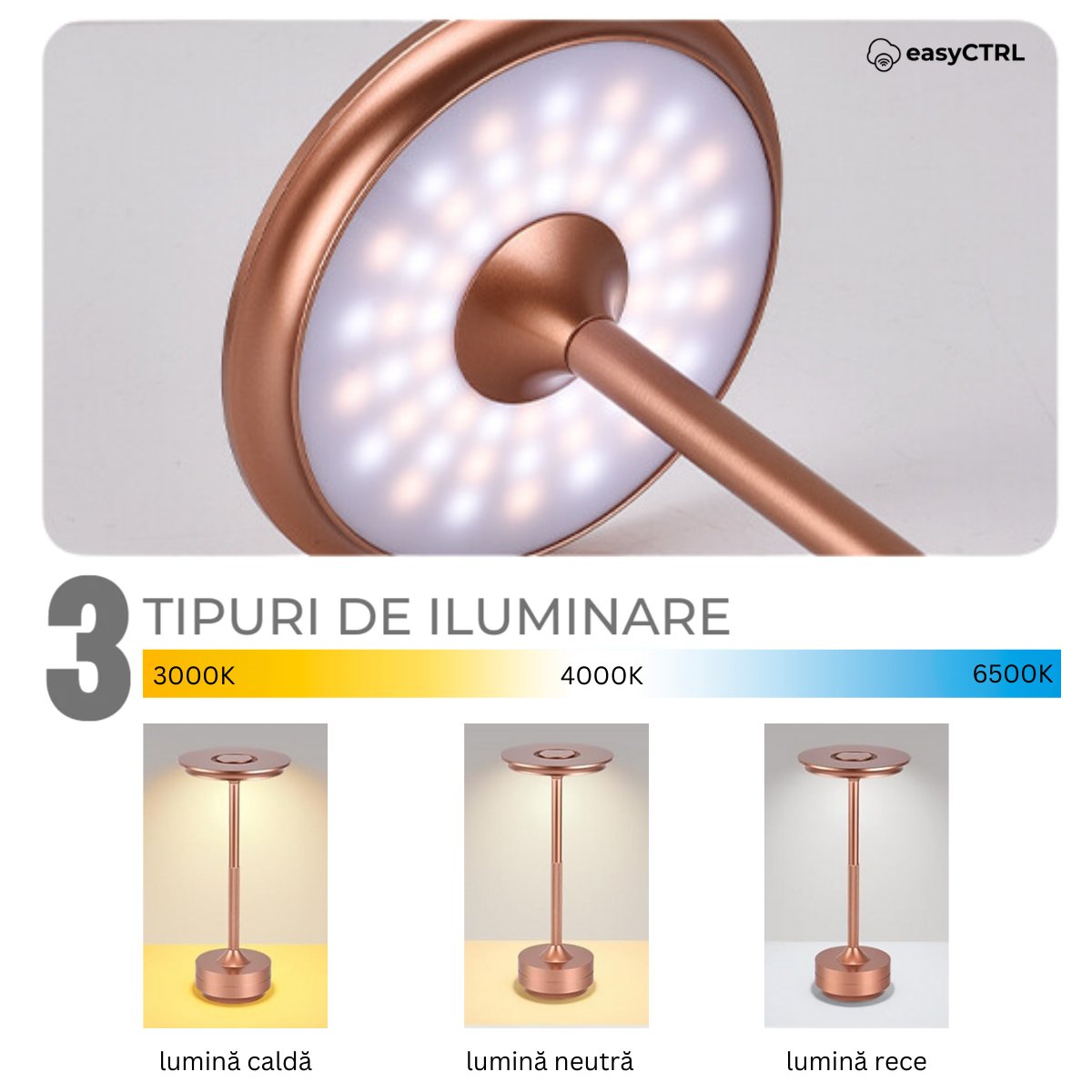 Lampa LED metalica, fara fir, Touch Control, 3 Tipuri de Iluminare, Reincarcabila USB-C, Rose Gold, 28 x 13 cm, easyCTRL