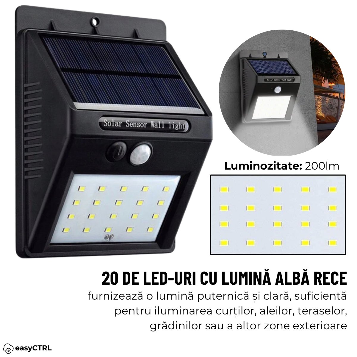 Lampa Solara de Exterior, Senzor de Miscare si Lumina, 20 LED-uri, 3 Moduri Iluminare, Impermeabila IP65