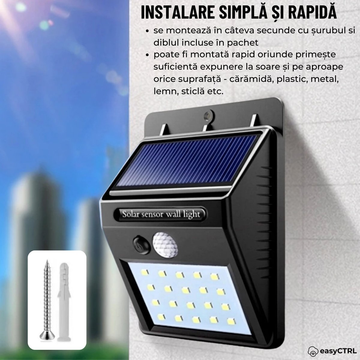 Lampa Solara de Exterior, Senzor de Miscare si Lumina, 20 LED-uri, 3 Moduri Iluminare, Impermeabila IP65