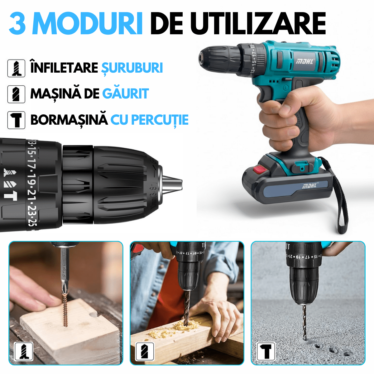 Masina de gaurit si insurubat, Bormasina cu percutie, Cutie cu 33 accesorii, 2 Acumulatori, 2 trepte 350/1150 RPM, Cuplu 25 Nm, Mandrina 10mmsmarrt.rosmarrt.ro