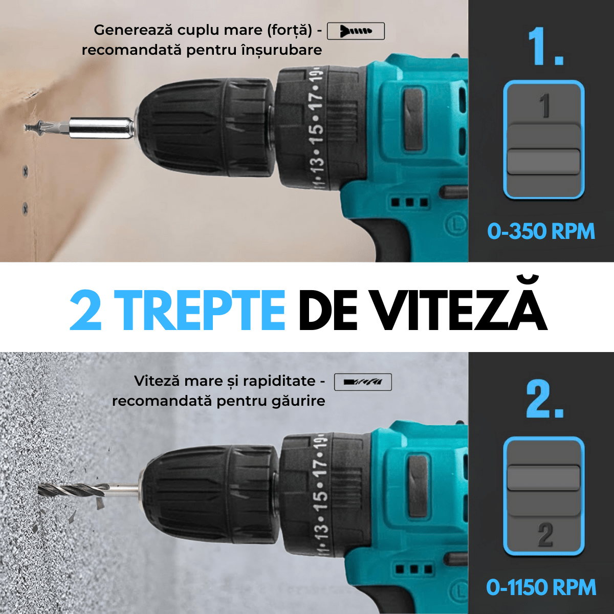 Masina de gaurit si insurubat, Bormasina cu percutie, Cutie cu 33 accesorii, 2 Acumulatori, 2 trepte 350/1150 RPM, Cuplu 25 Nm, Mandrina 10mmsmarrt.rosmarrt.ro