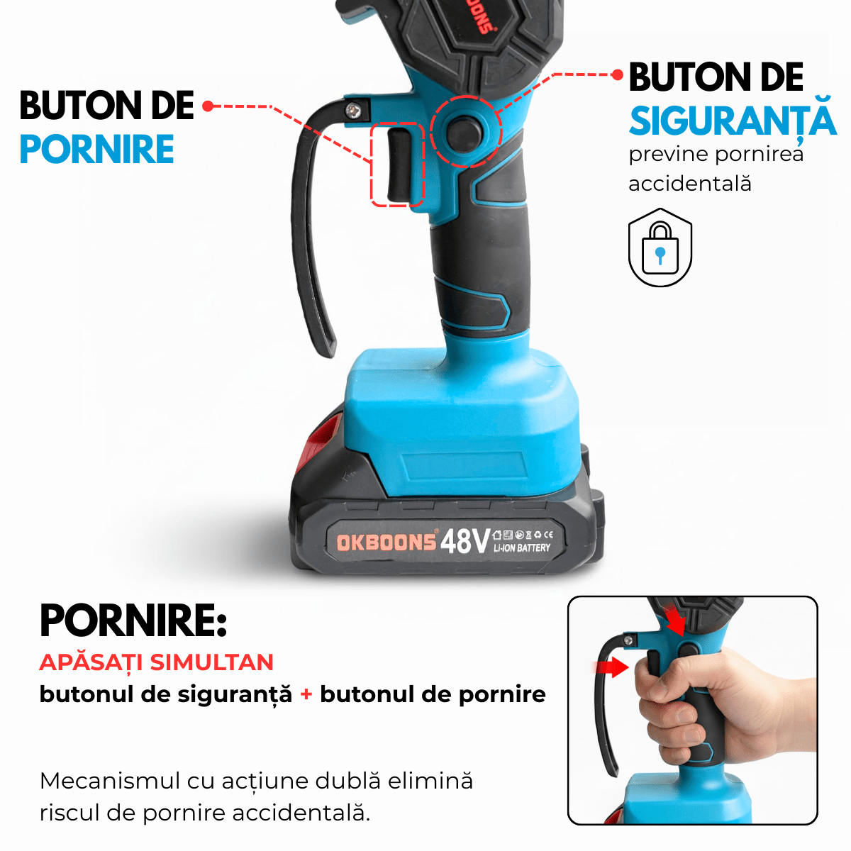 Mini Drujba Electrica Portabila, Fierastrau, 2 Acumulatori, 2 Lanturi, Buton de siguranta, Aparatoare mobilasmarrt.roeasyCTRL
