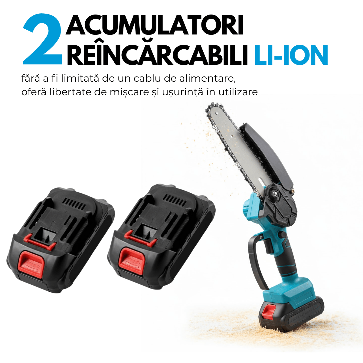 Mini Drujba Electrica Portabila, Fierastrau, 2 Acumulatori, 2 Lanturi, Buton de siguranta, Aparatoare mobilasmarrt.roeasyCTRL