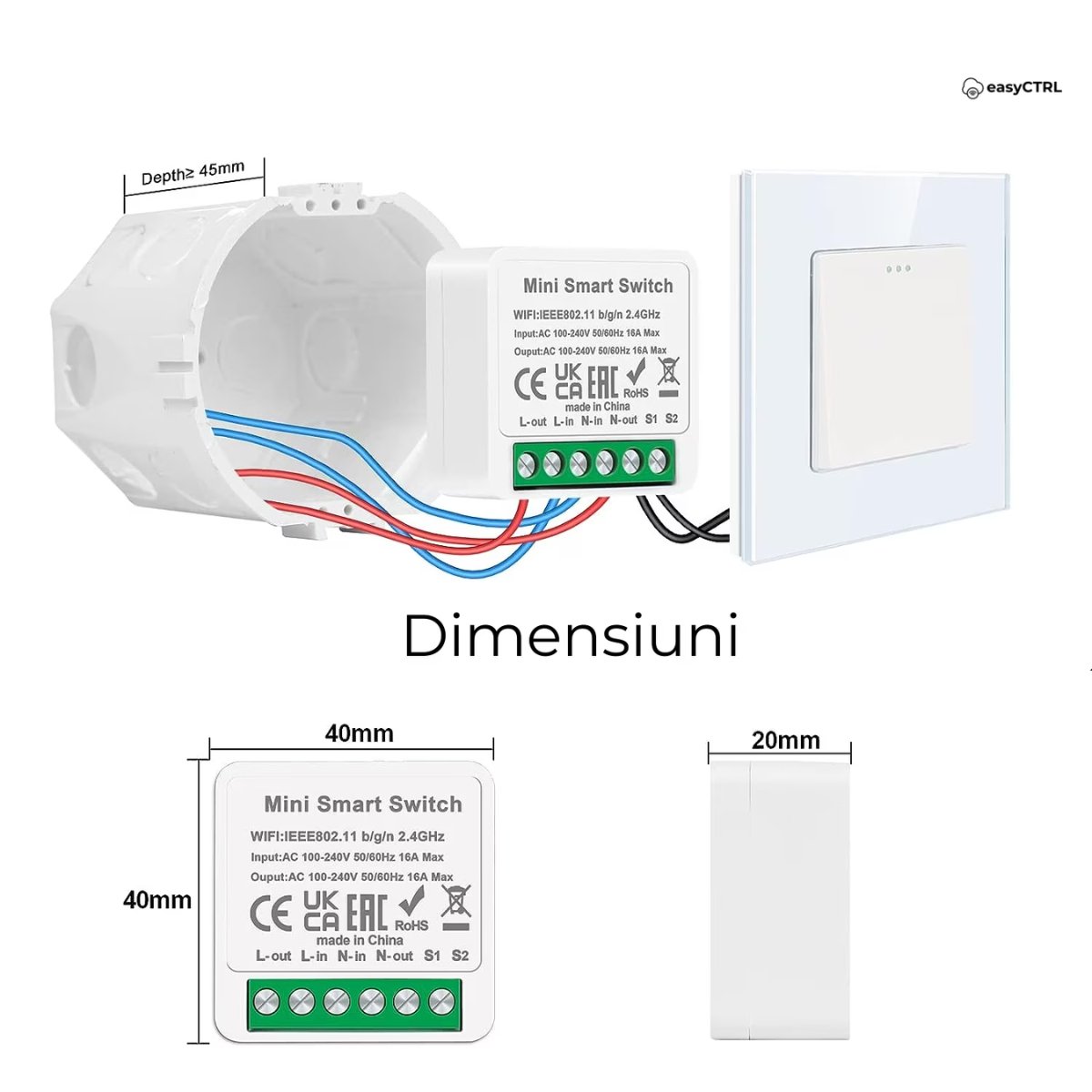 Mini Releu Inteligent, Wireless, Smart Life / Tuya Smart, 16A, 4 x 2 cm, easyCTRL®smarrt.roeasyCTRL