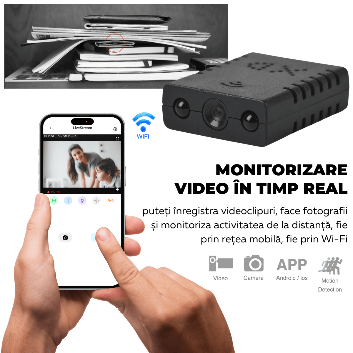 Mini Camera Spion, Wi-Fi, Monitorizare video in timp real, Vedere nocturna, Detectare miscare, XD, easyCTRL®