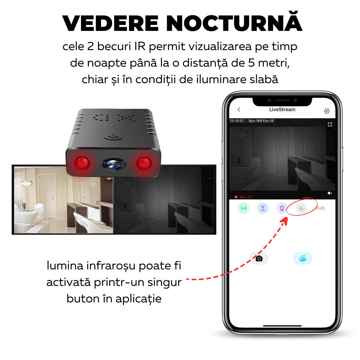 Mini Camera Spion, Wi-Fi, Monitorizare video in timp real, Vedere nocturna, Detectare miscare, XD, easyCTRL®