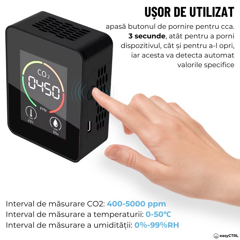 Monitor Masurare Calitate Aer 3 in 1, Detector CO2 Dioxid de Carbon, Temperatura, Umiditate, Portabil, Negru, easyCTRL