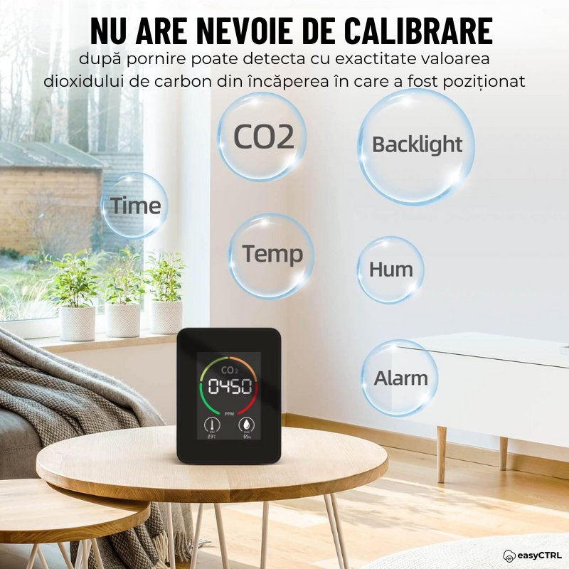 Monitor Masurare Calitate Aer 3 in 1, Detector CO2 Dioxid de Carbon, Temperatura, Umiditate, Portabil, Negru, easyCTRL