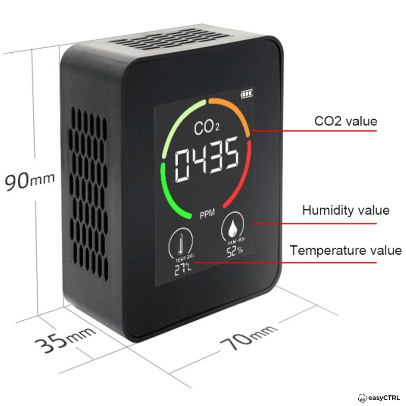 Monitor Masurare Calitate Aer 3 in 1, Detector CO2 Dioxid de Carbon, Temperatura, Umiditate, Portabil, Negru, easyCTRL