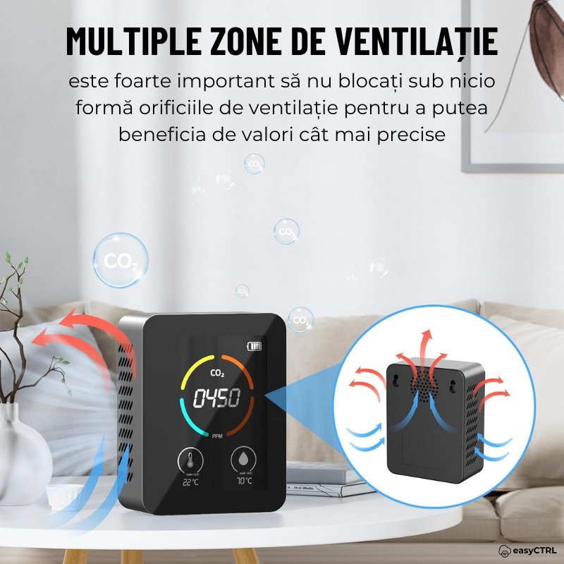 Monitor Masurare Calitate Aer 3 in 1, Detector CO2 Dioxid de Carbon, Temperatura, Umiditate, Portabil, Negru, easyCTRL