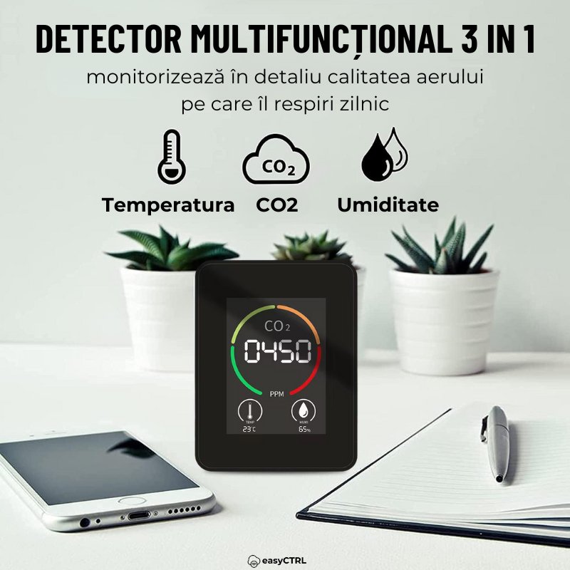 Monitor Masurare Calitate Aer 3 in 1, Detector CO2 Dioxid de Carbon, Temperatura, Umiditate, Portabil, Negru, easyCTRL