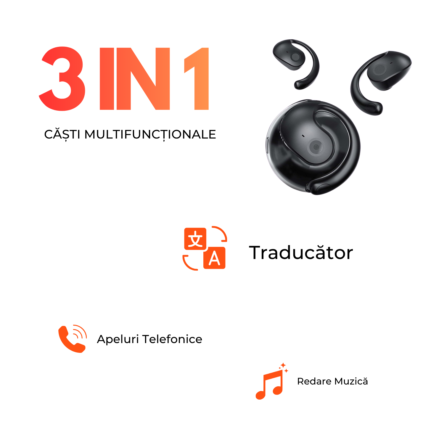 Pachet 1 + 1 Casti cu Traducator pentru Conversatii in timp real, 144 Limbi, Dialecte, Bluetooth 5.4, Control tactil, easyCTRL®