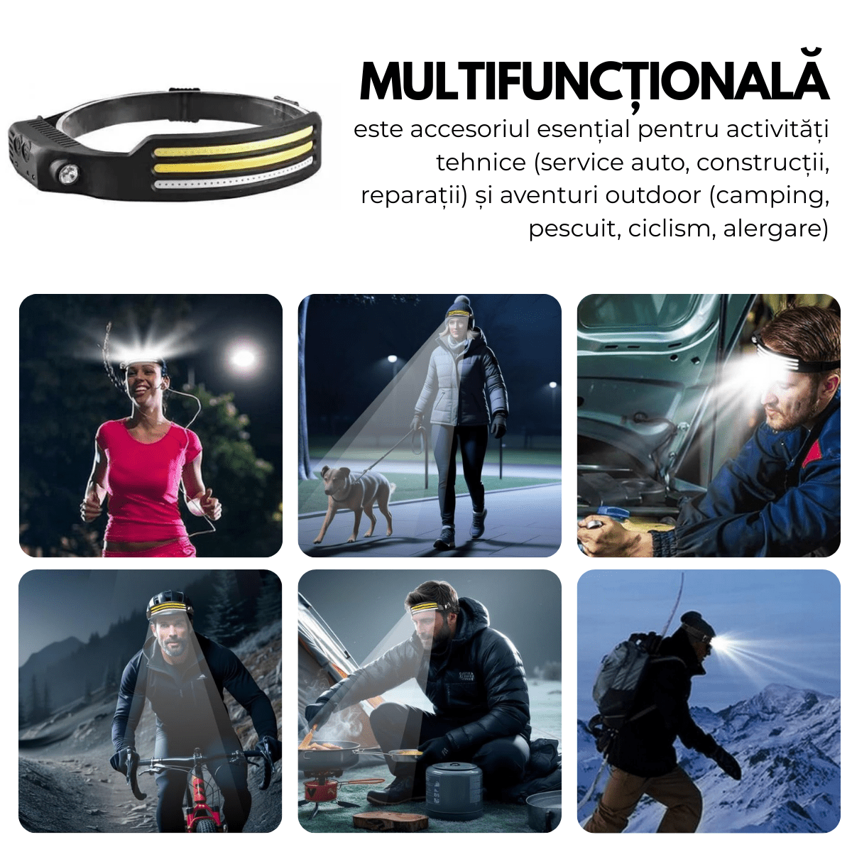 Pachet 1 + 1 Lanterna de Cap Profesionala, Senzor Miscare, 3 Benzi Led COB si XPE, 10 Moduri Iluminare, Lumina Rece/Calda/Rosie, Acumulator reincarcabil 1200mah, Rezistenta la Apa, easyCTRL®smarrt.roeasyCTRL