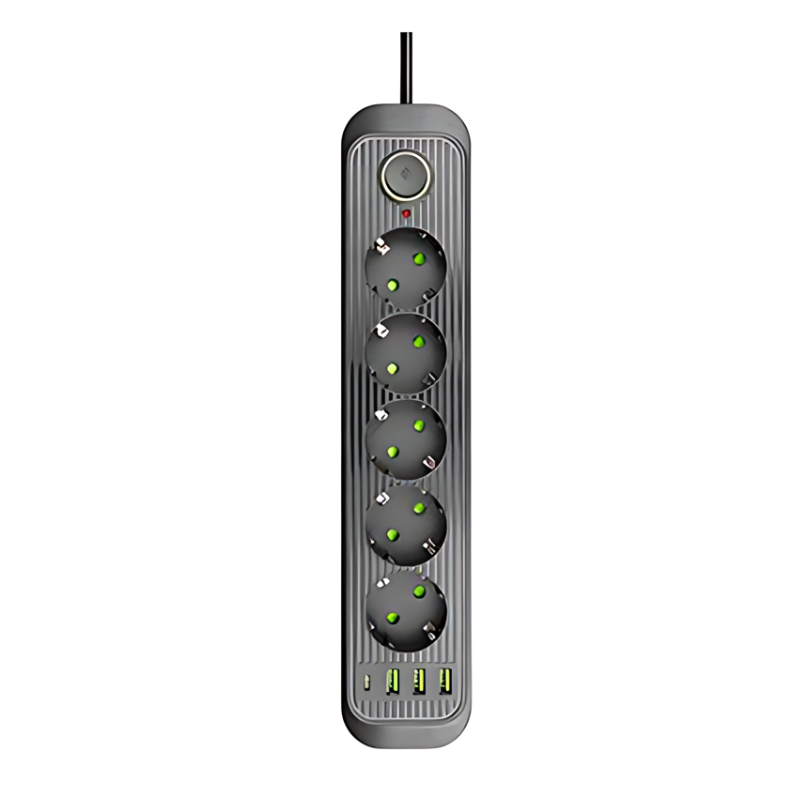 Prelungitor cu 5 prize + 3xUSB-A + 1xUSB-C, protectie supratensiune, cablu 2m